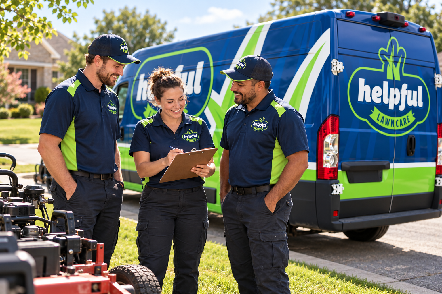 AI-generated brand concept for Helpful Lawncare: team lifestyle.
