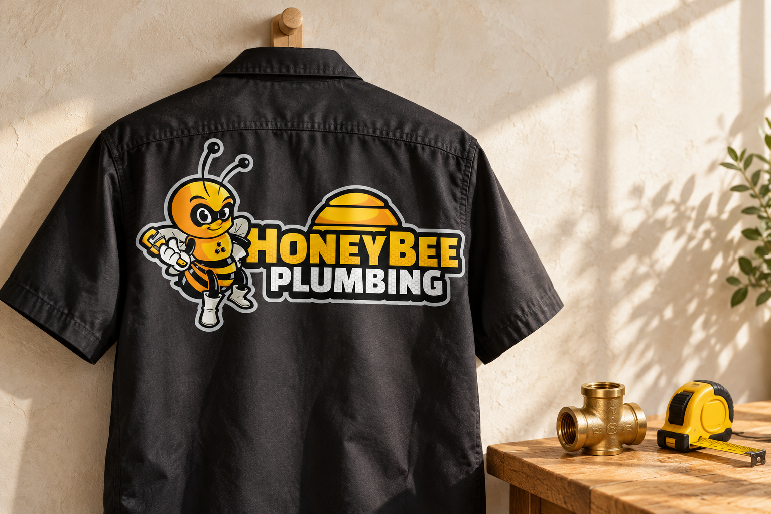 AI-generated brand concept for Honey Bee Plumbing: premium field workwear.