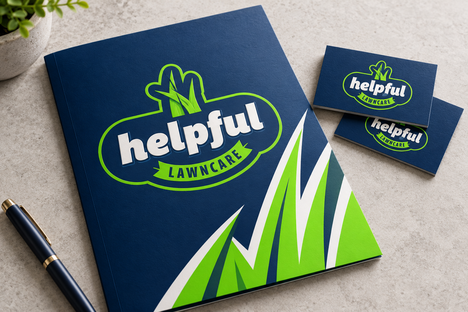 AI-generated brand concept for Helpful Lawncare: presentation folder.