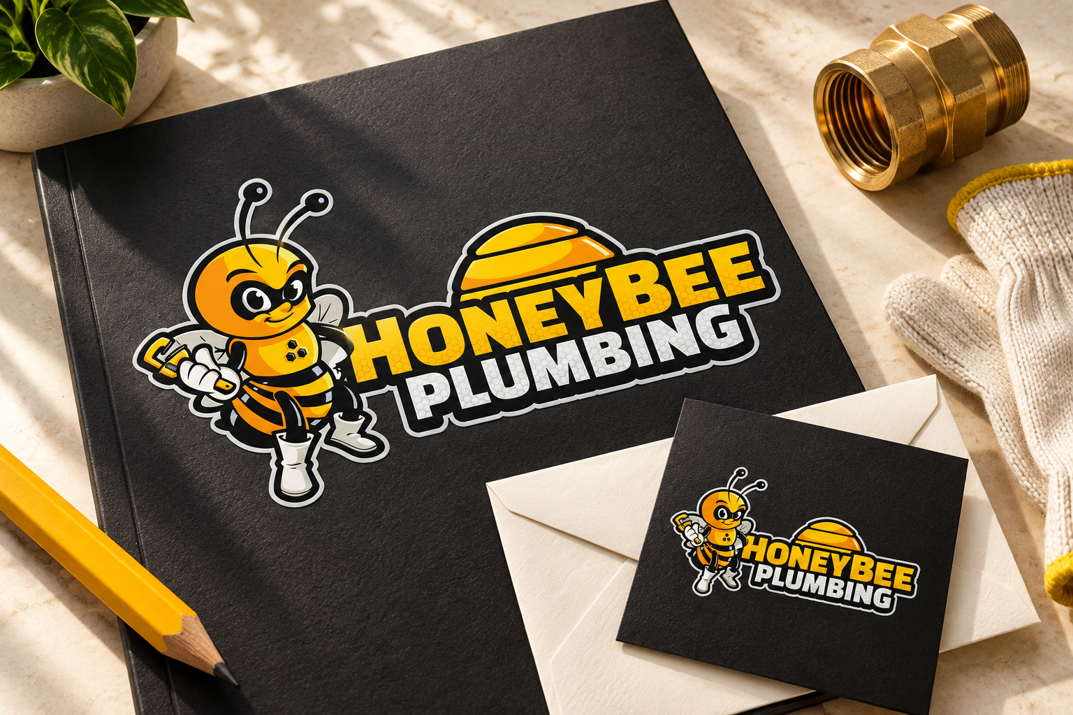 AI-generated brand concept for Honey Bee Plumbing: home service welcome kit.