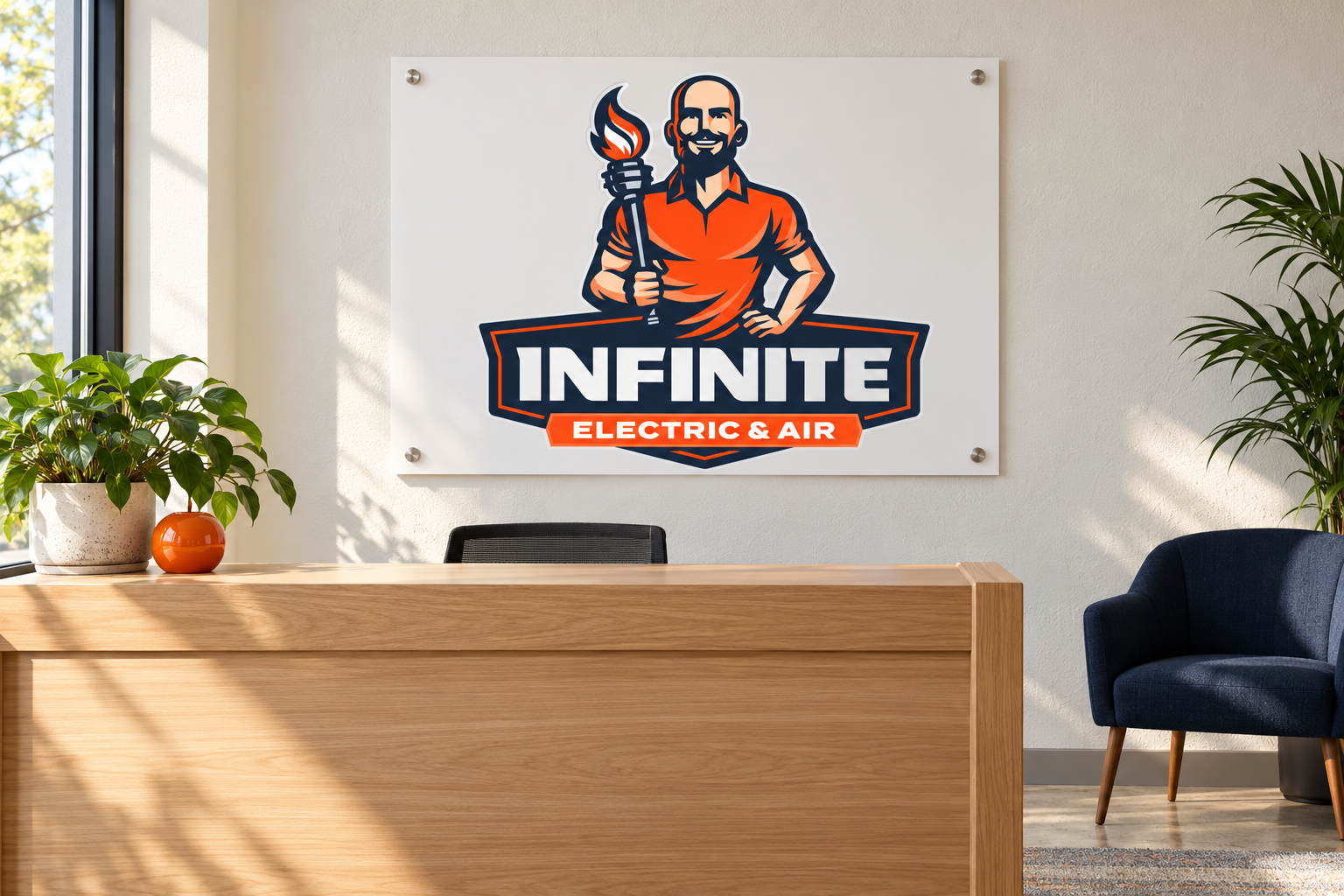 AI-generated brand concept for Infinite Electric and Air: office signage.