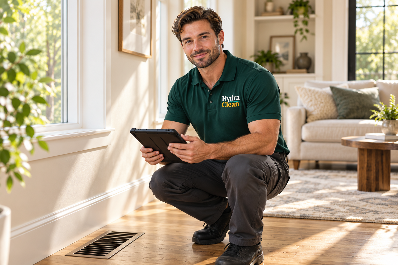 AI-generated brand concept for Hydra Clean: technician home lifestyle.