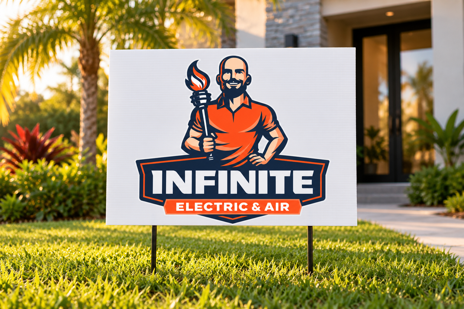 AI-generated brand concept for Infinite Electric and Air: residential yard sign.