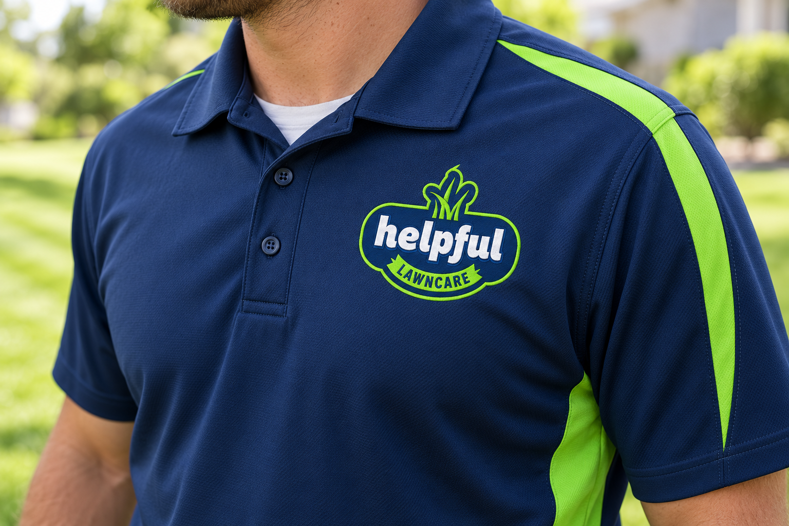 AI-generated brand concept for Helpful Lawncare: uniform embroidery.
