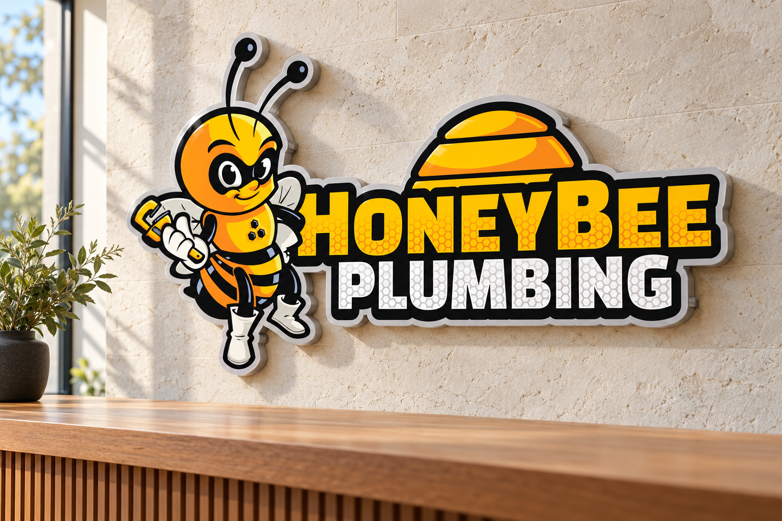 AI-generated brand concept for Honey Bee Plumbing: dimensional reception sign.