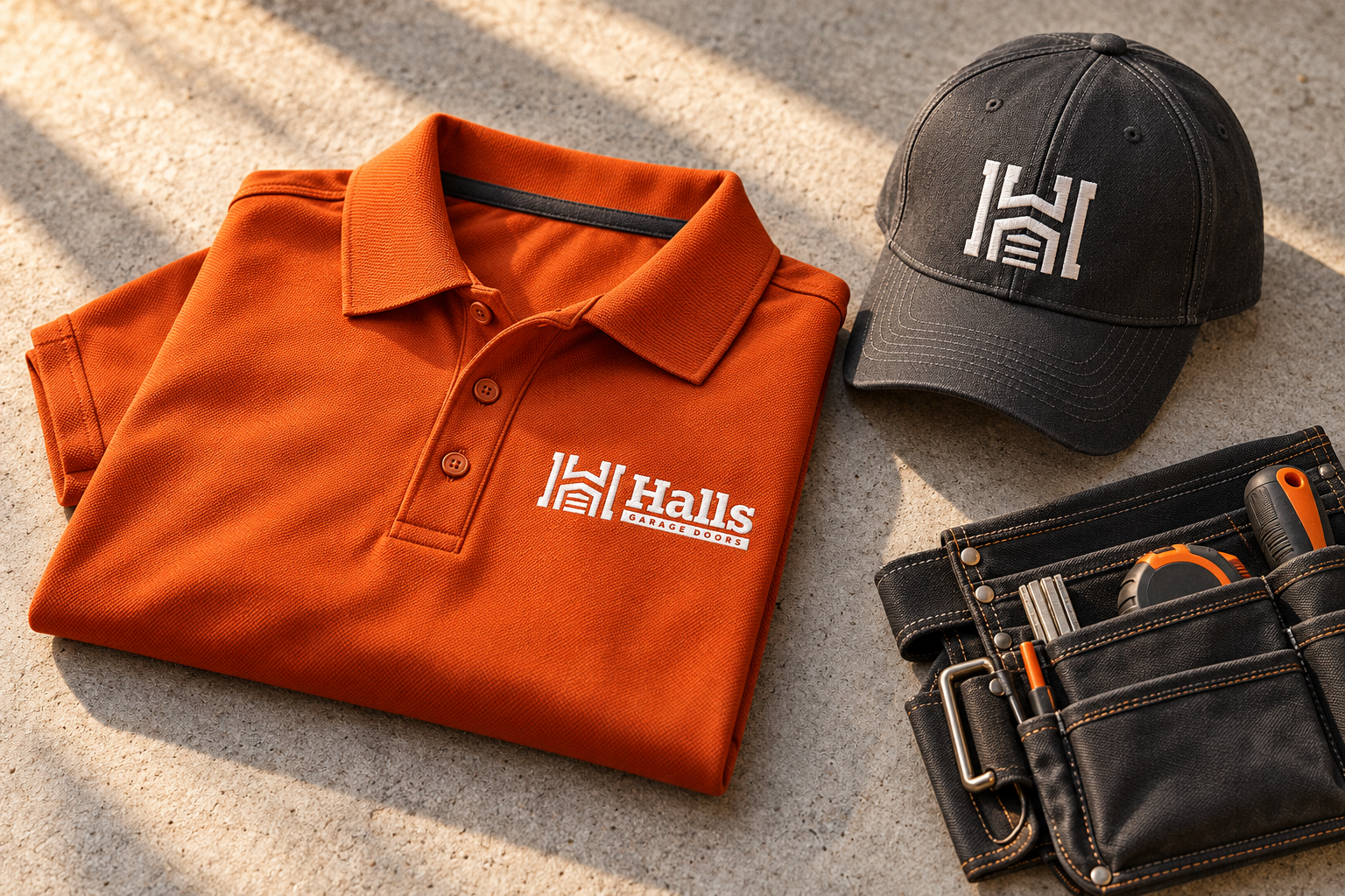 AI-generated brand concept for Halls Garage Doors: premium workwear.