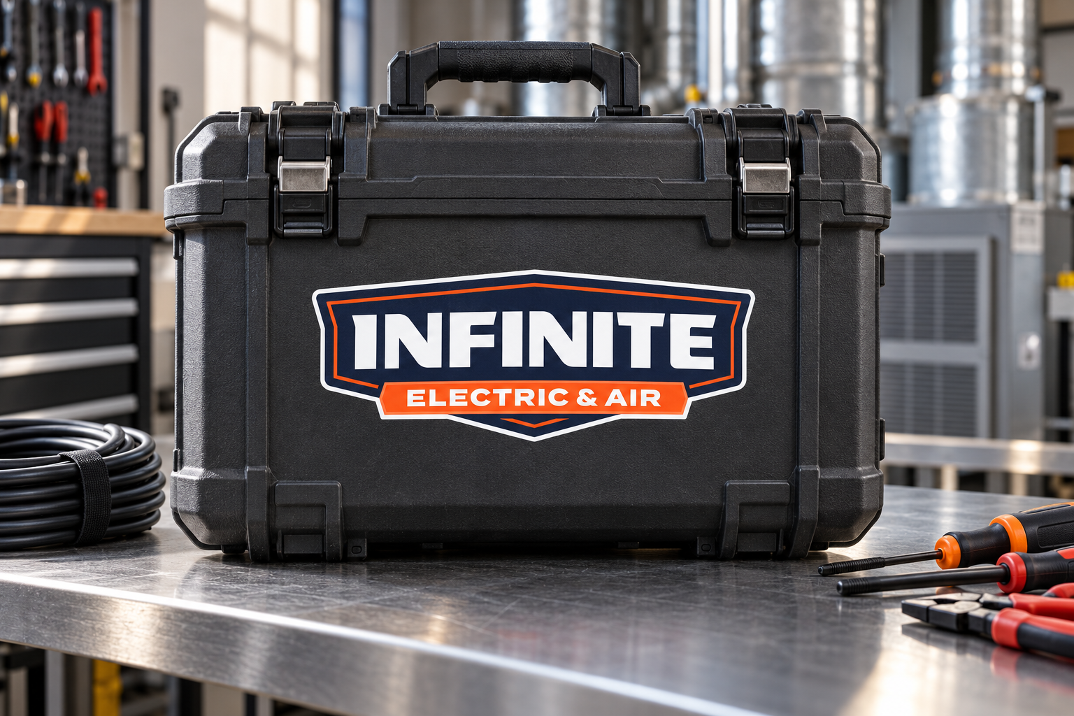 AI-generated brand concept for Infinite Electric and Air: toolcase workshop.