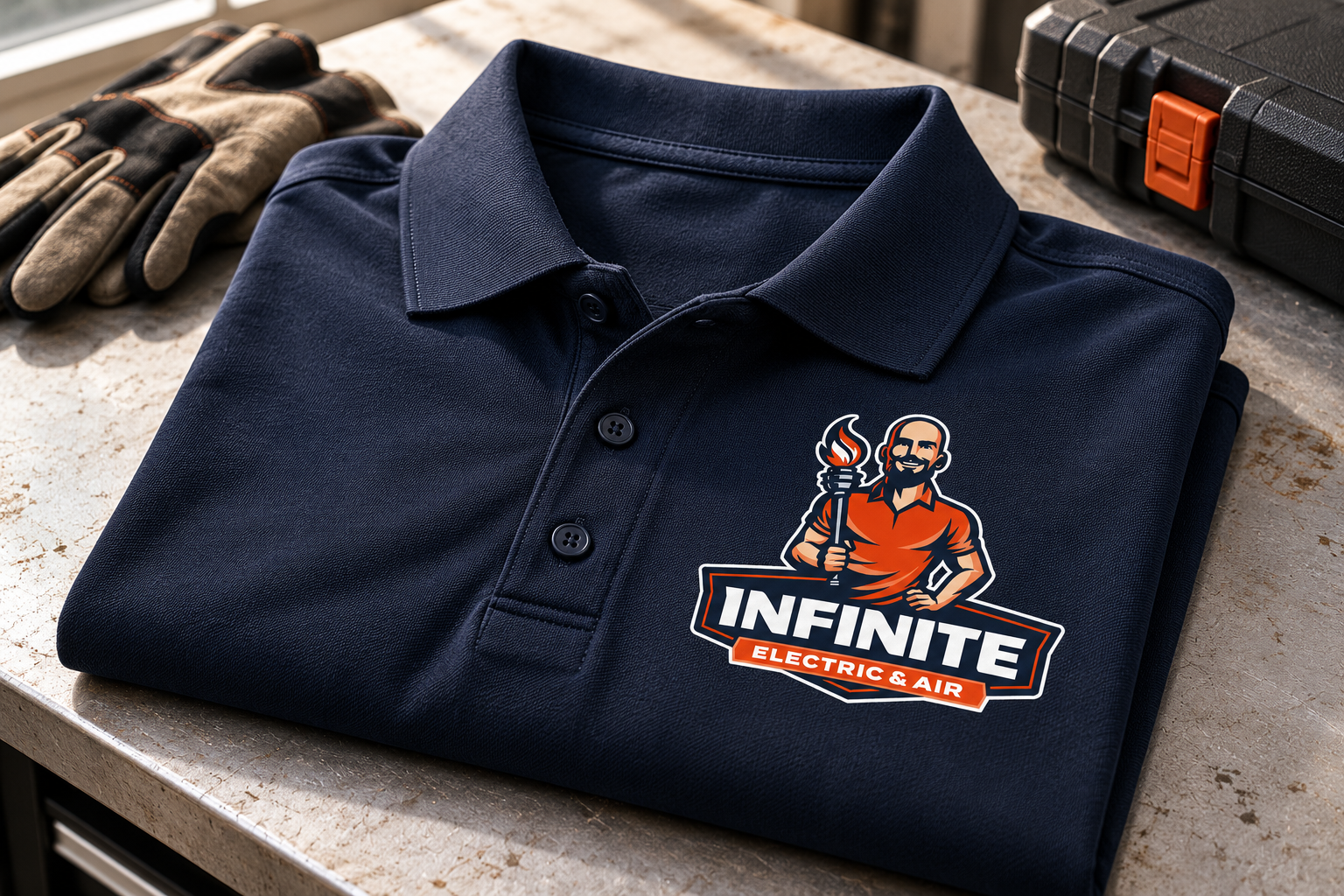 AI-generated brand concept for Infinite Electric and Air: uniform polo.