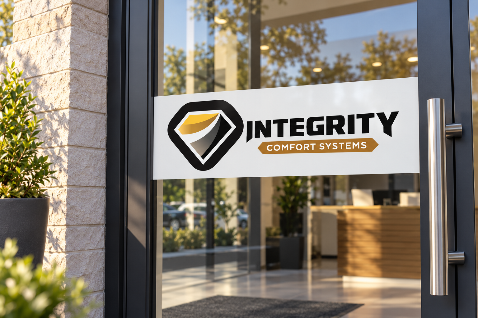 AI-generated brand concept for Integrity Comfort Systems: glass entry branding.