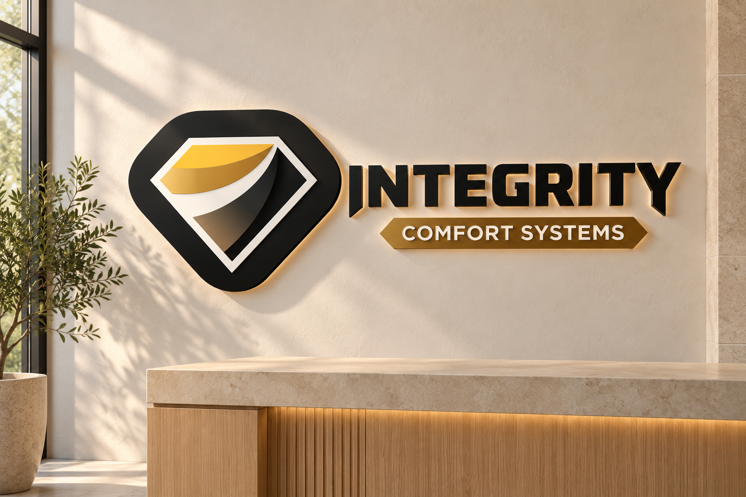 AI-generated brand concept for Integrity Comfort Systems: dimensional reception sign.