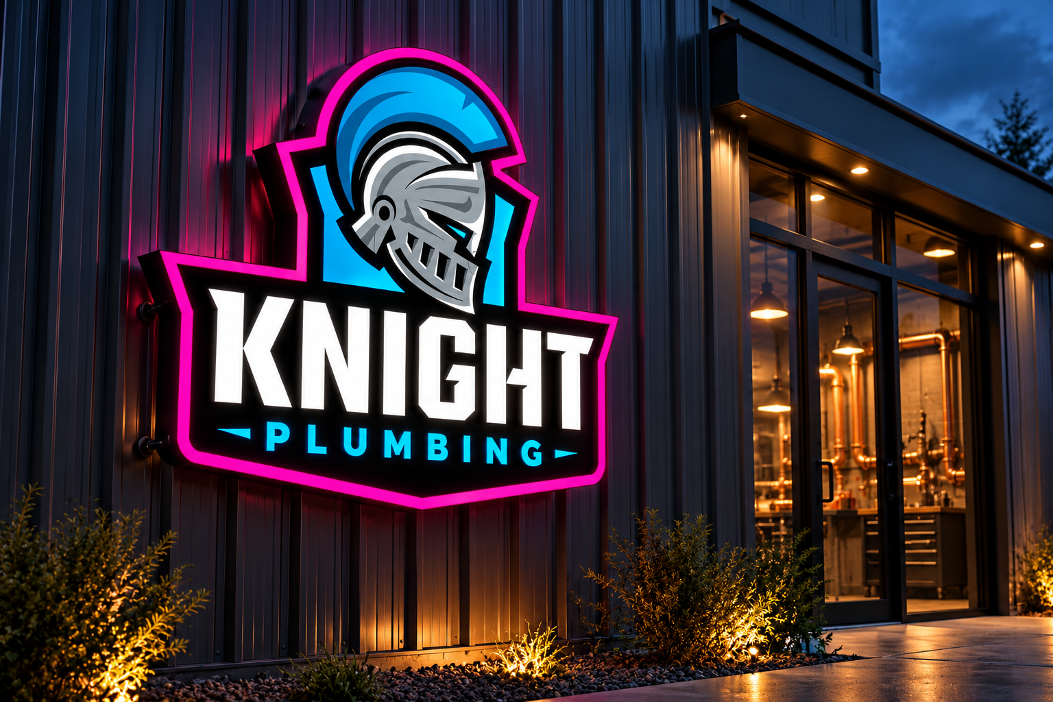 AI-generated brand concept for Knight Plumbing: facade sign.