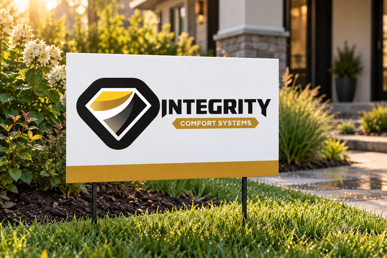 AI-generated brand concept for Integrity Comfort Systems: landscape yard sign.
