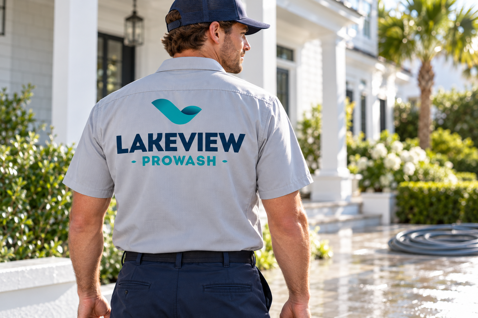 AI-generated brand concept for Lakeview ProWash: field uniform.
