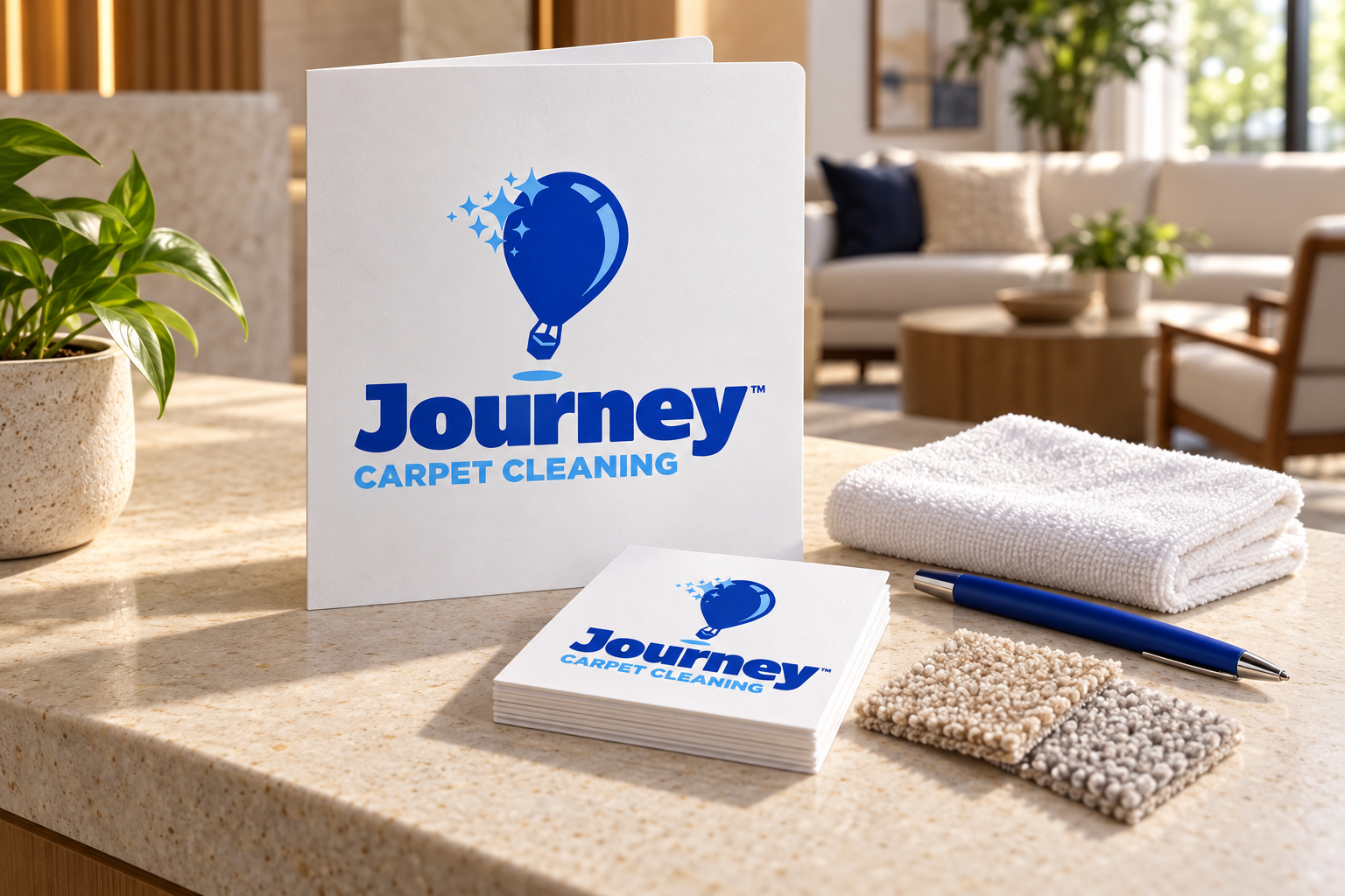 AI-generated brand concept for Journey Carpet Cleaning: client care kit.