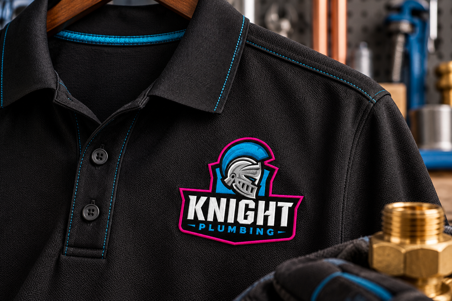 AI-generated brand concept for Knight Plumbing: uniform closeup.
