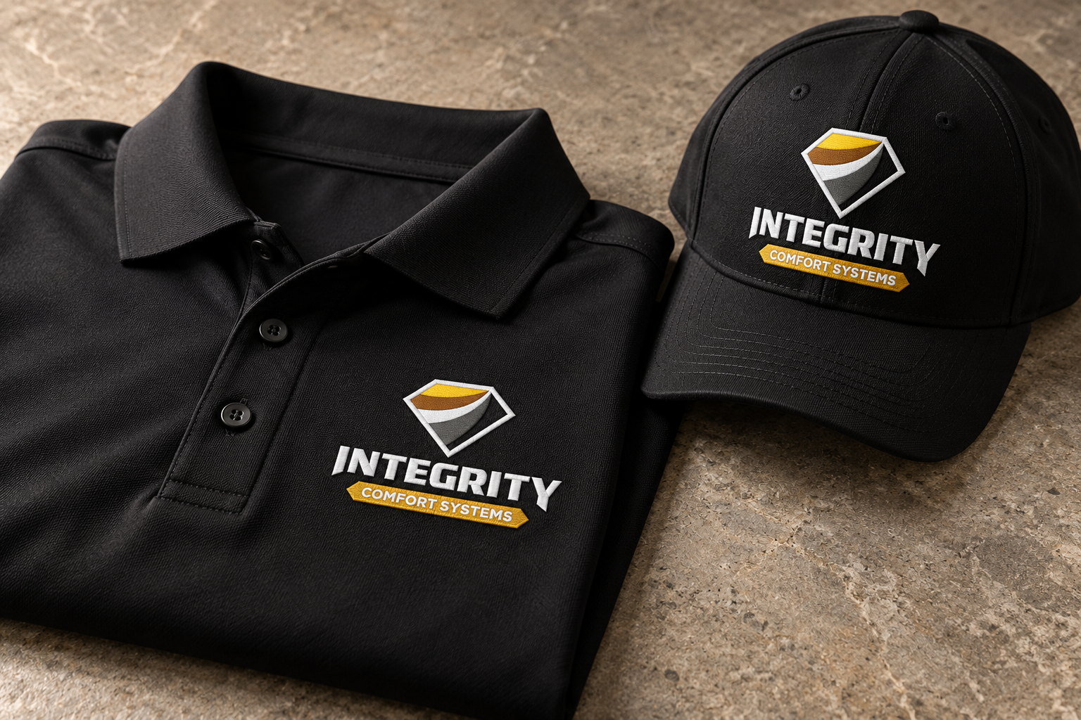AI-generated brand concept for Integrity Comfort Systems: embroidered workwear.
