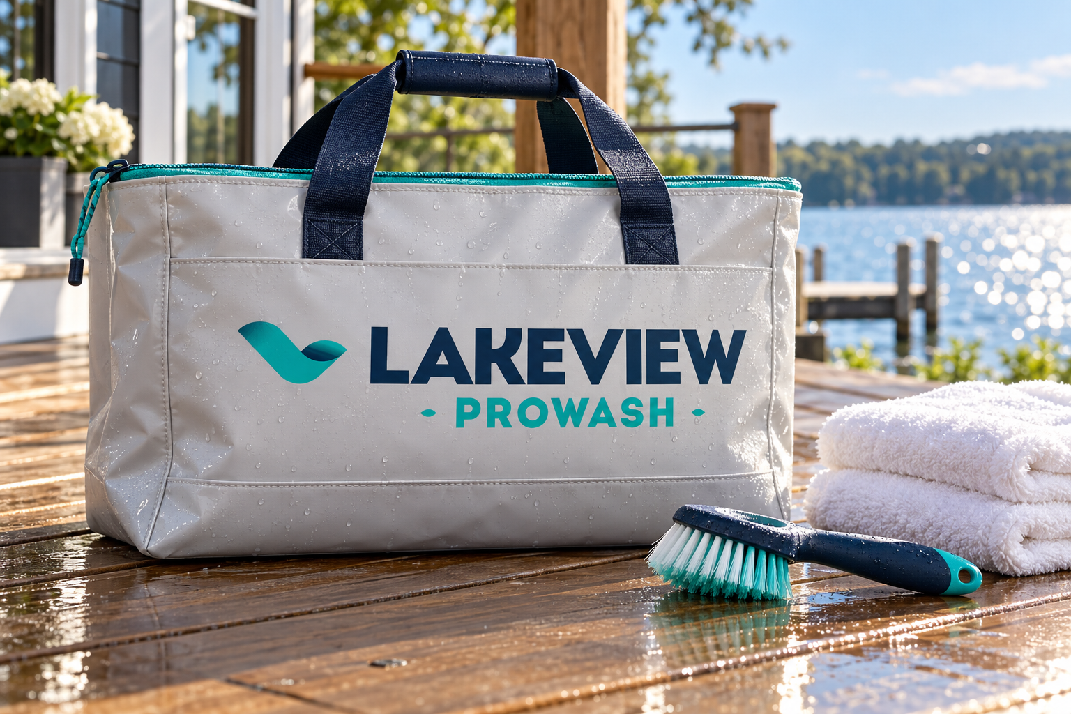 AI-generated brand concept for Lakeview ProWash: waterfront equipment tote.