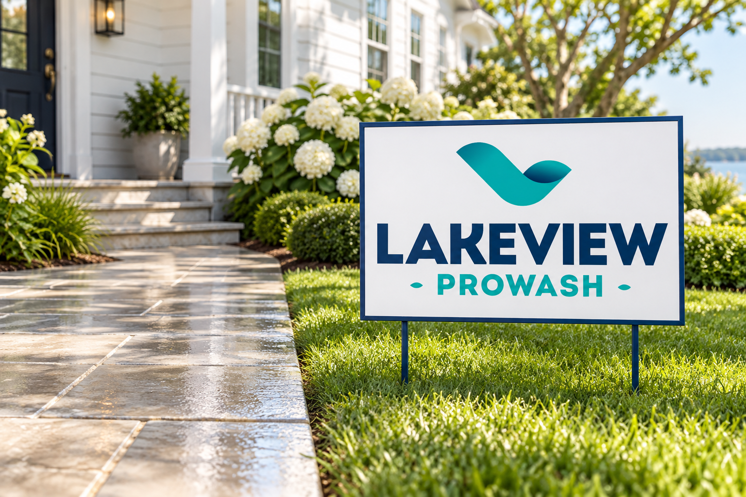 AI-generated brand concept for Lakeview ProWash: coastal property yard sign.