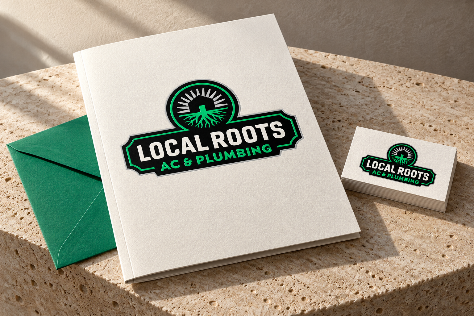 AI-generated brand concept for Local Roots AC & Plumbing: tactile brand stationery.