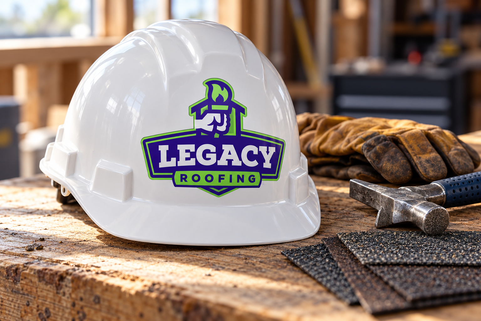 AI-generated brand concept for Legacy Roofing: hardhat workbench.