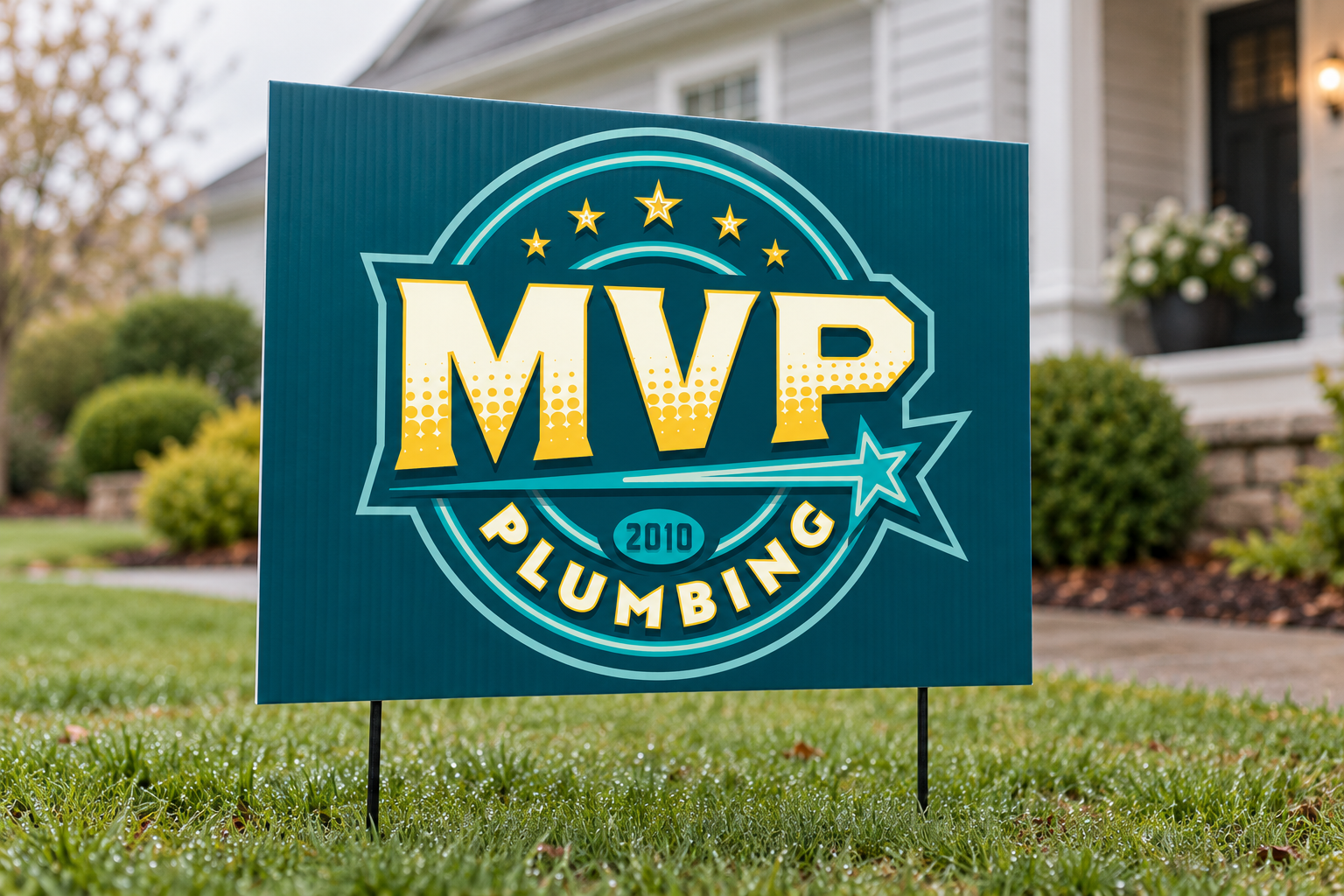 AI-generated brand concept for MVP Plumbing: residential yard sign.