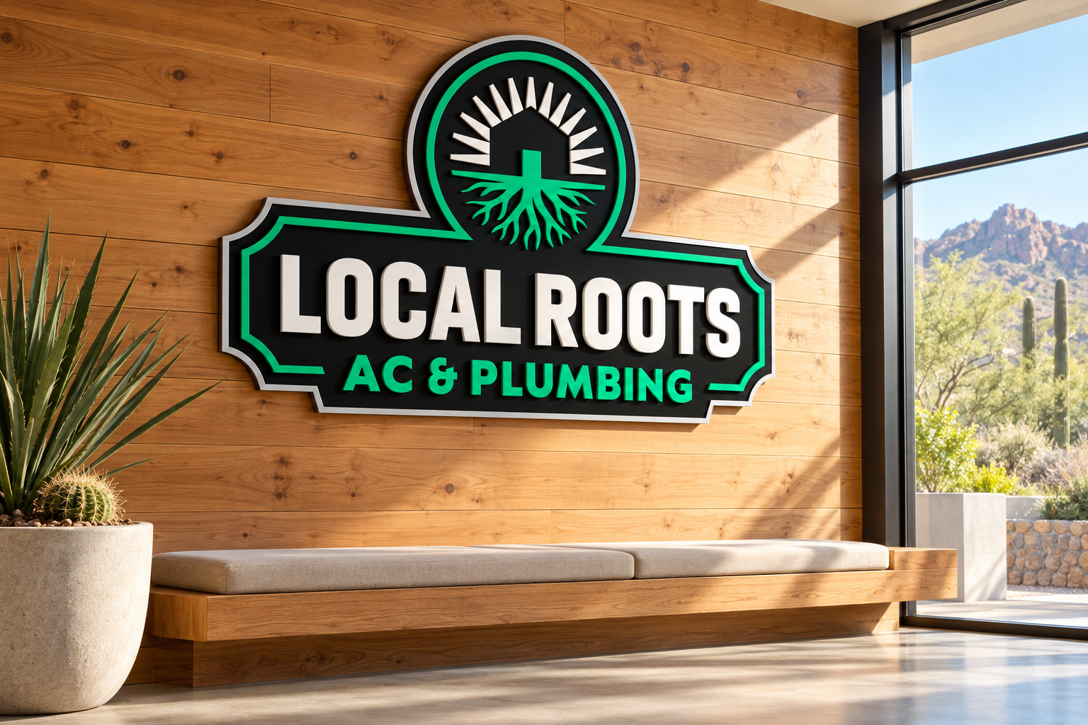 AI-generated brand concept for Local Roots AC & Plumbing: cedar reception sign.