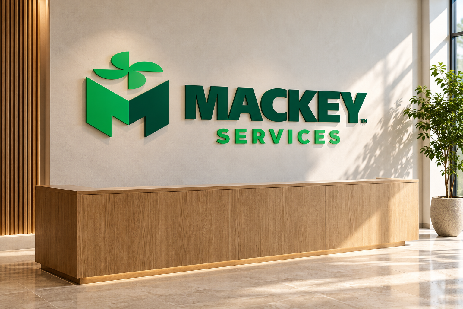 AI-generated brand concept for Mackey Services: dimensional reception sign.
