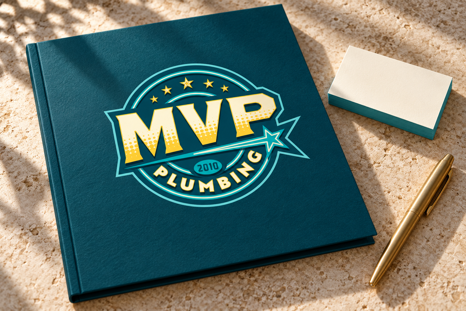 AI-generated brand concept for MVP Plumbing: client presentation folder.