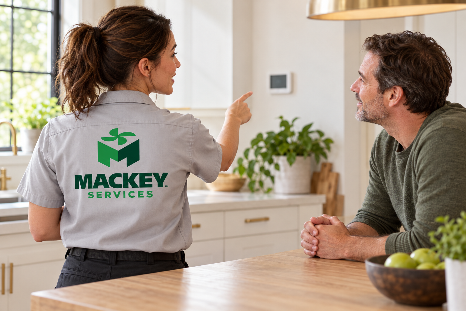 AI-generated brand concept for Mackey Services: home comfort consultation.