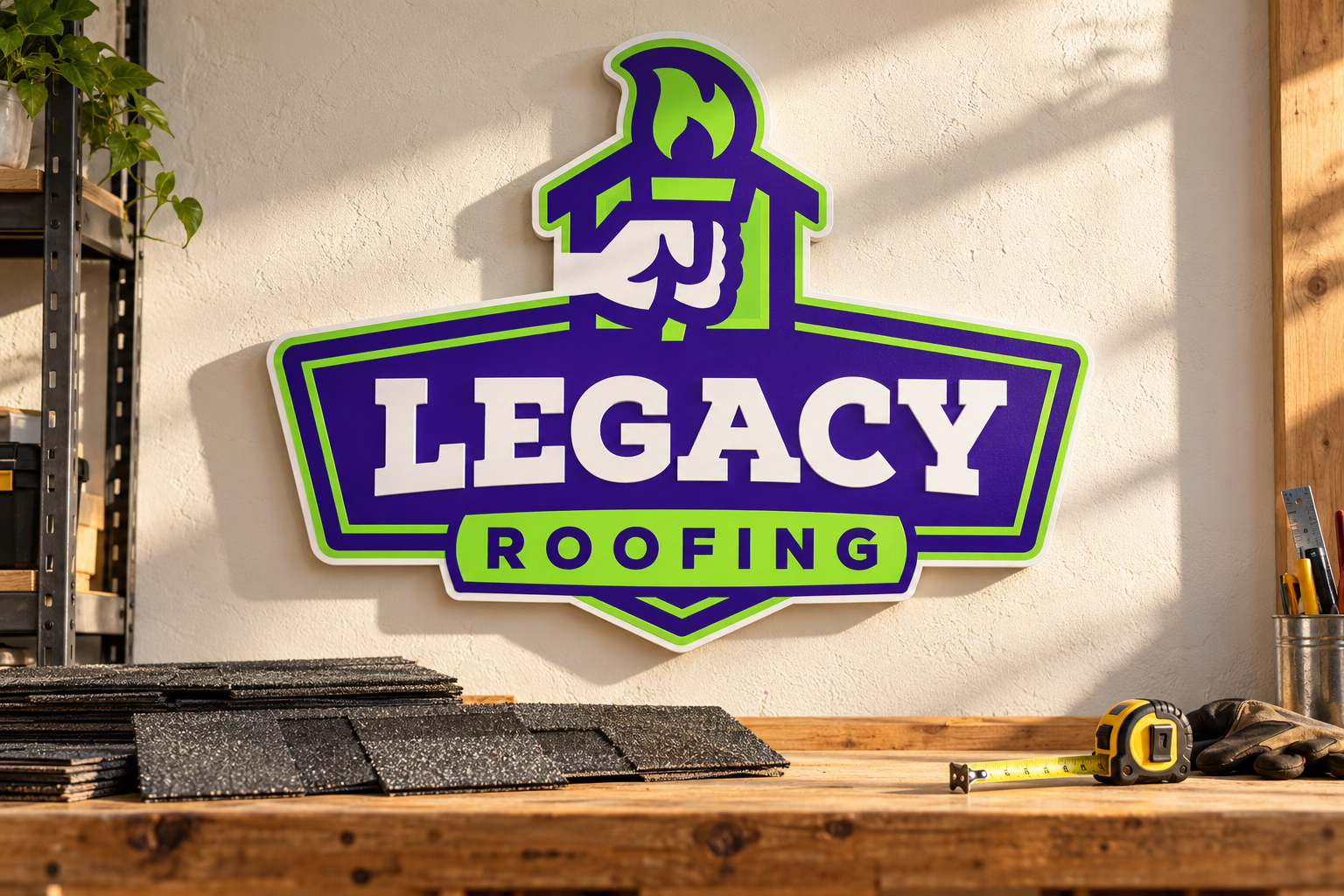 AI-generated brand concept for Legacy Roofing: workshop wall sign.
