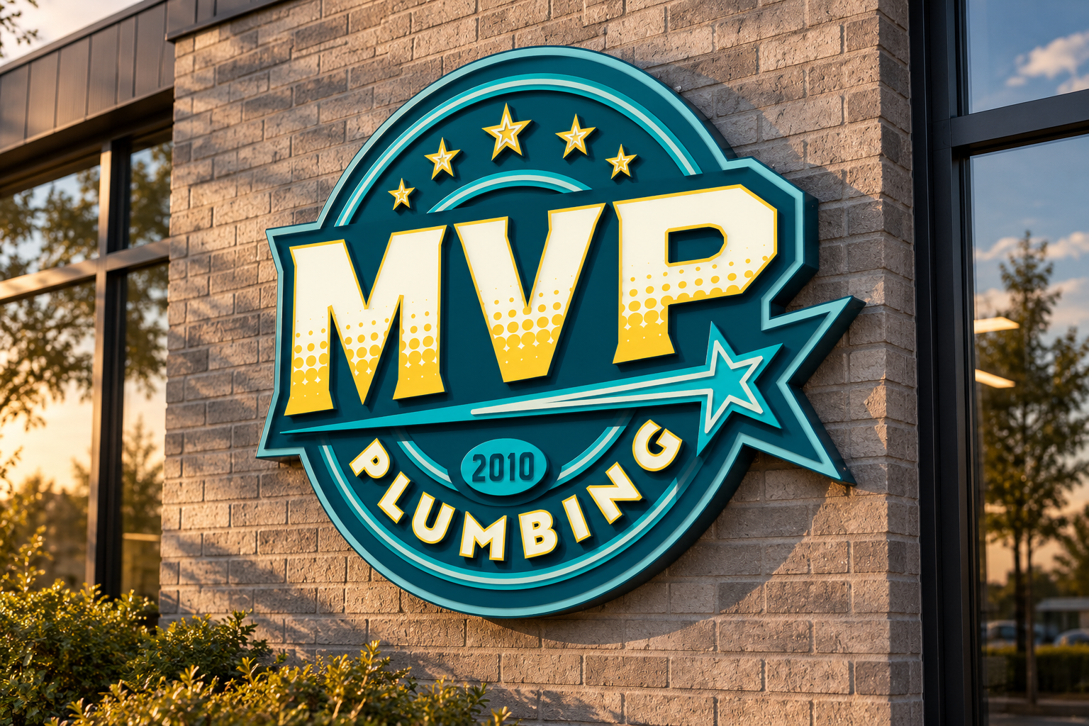 AI-generated brand concept for MVP Plumbing: exterior dimensional sign.