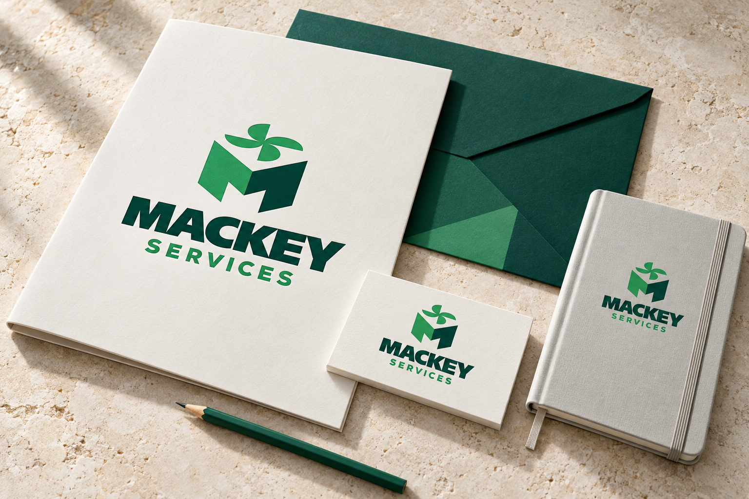 AI-generated brand concept for Mackey Services: client care collateral.