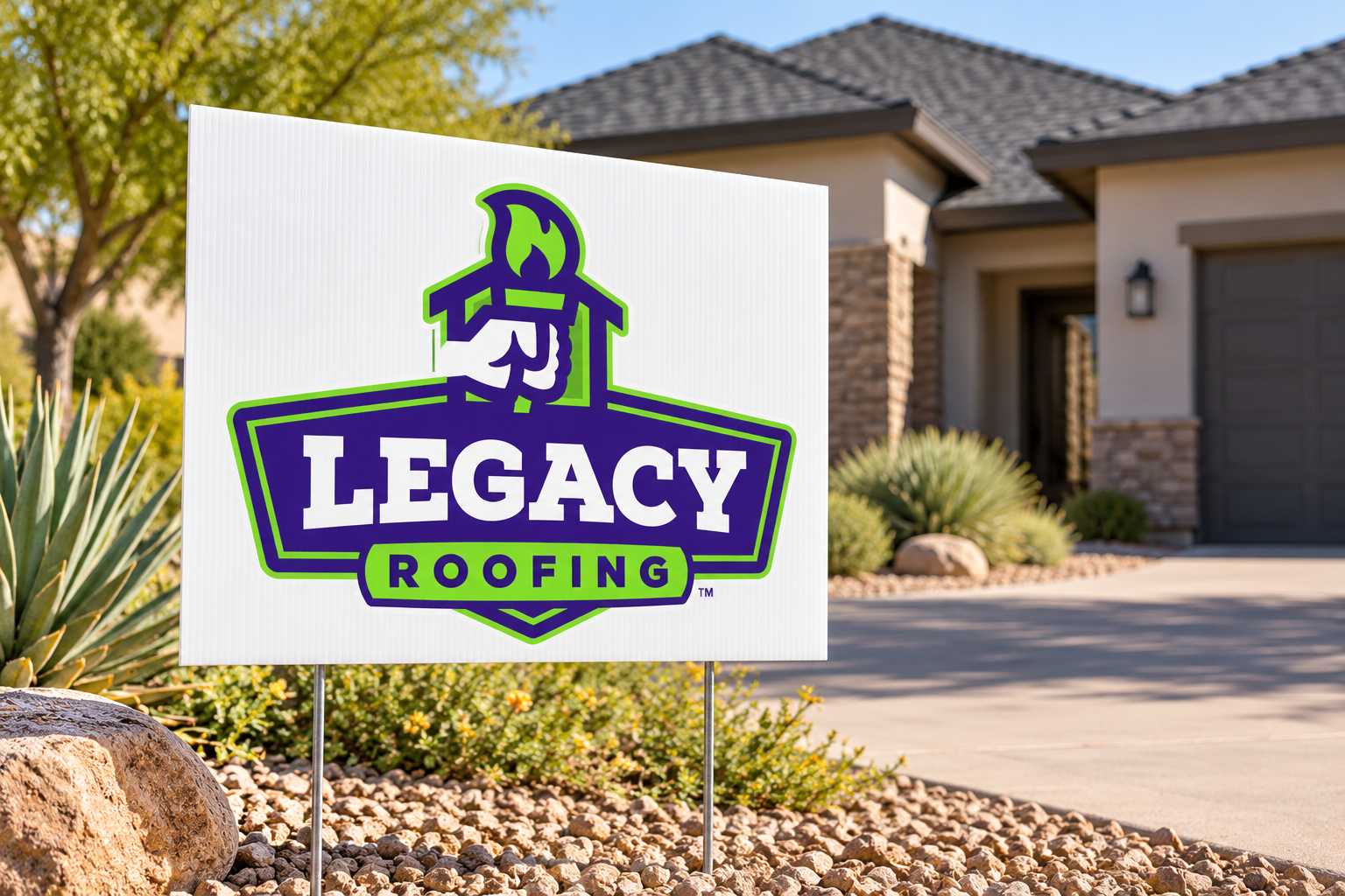AI-generated brand concept for Legacy Roofing: yard sign home.