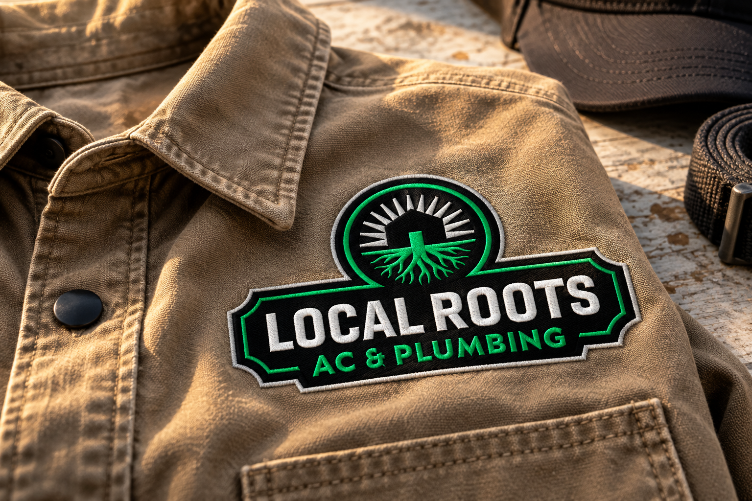 AI-generated brand concept for Local Roots AC & Plumbing: embroidered workwear.