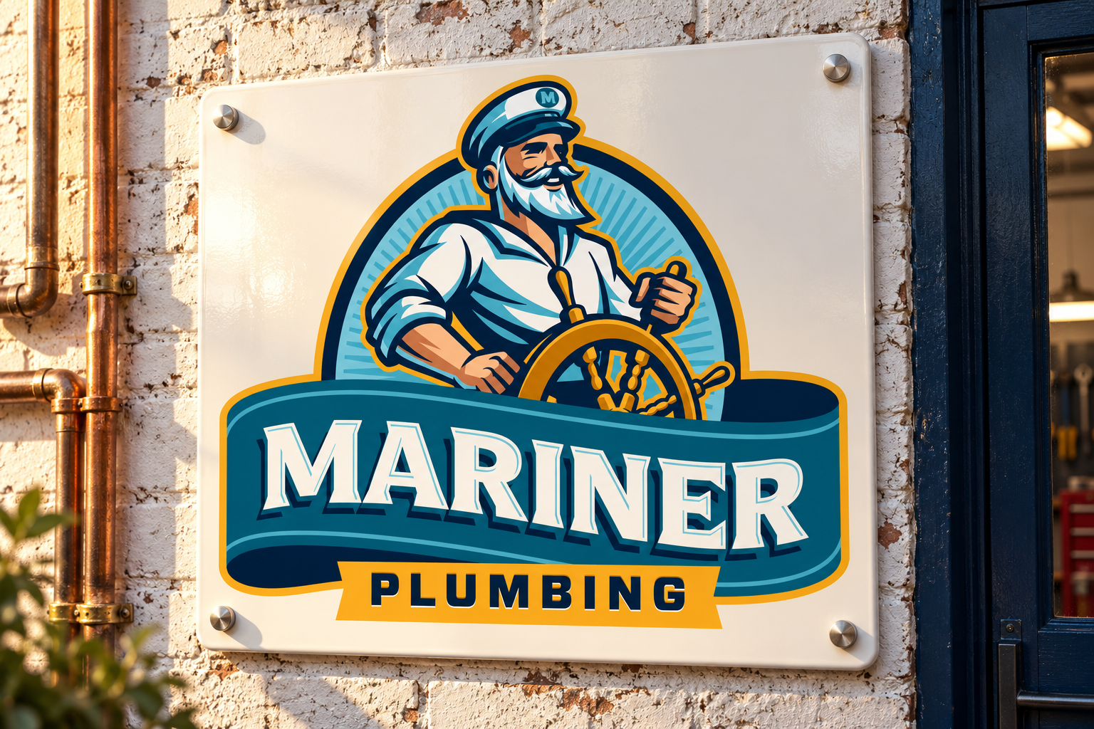 AI-generated brand concept for Mariner Plumbing: workshop sign.