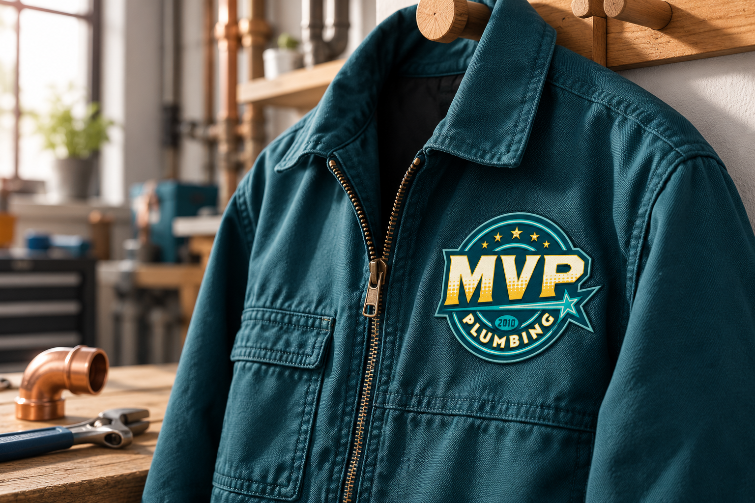 AI-generated brand concept for MVP Plumbing: technician work jacket.