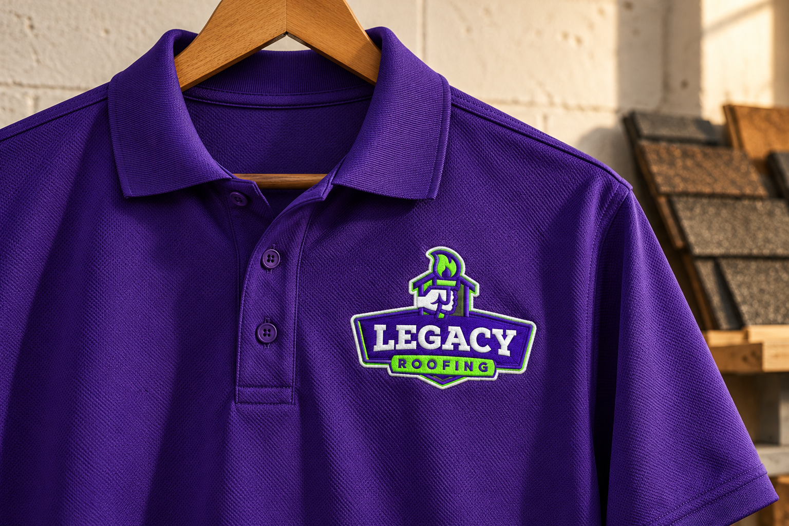 AI-generated brand concept for Legacy Roofing: embroidered polo.