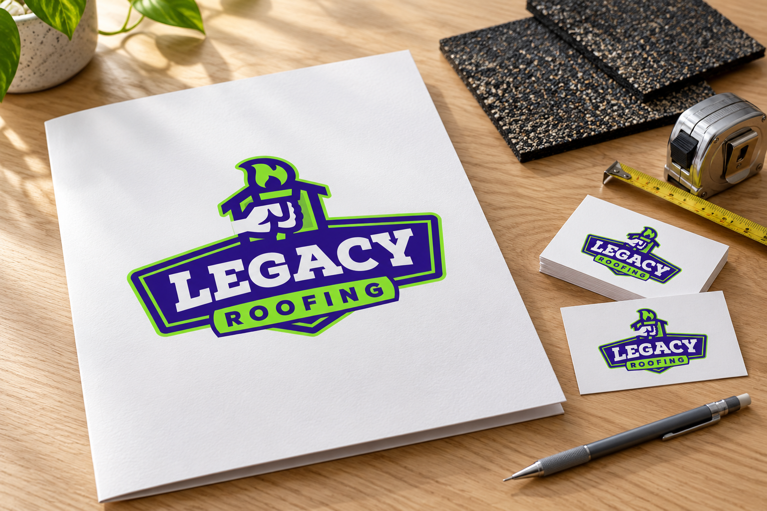 AI-generated brand concept for Legacy Roofing: project folder.