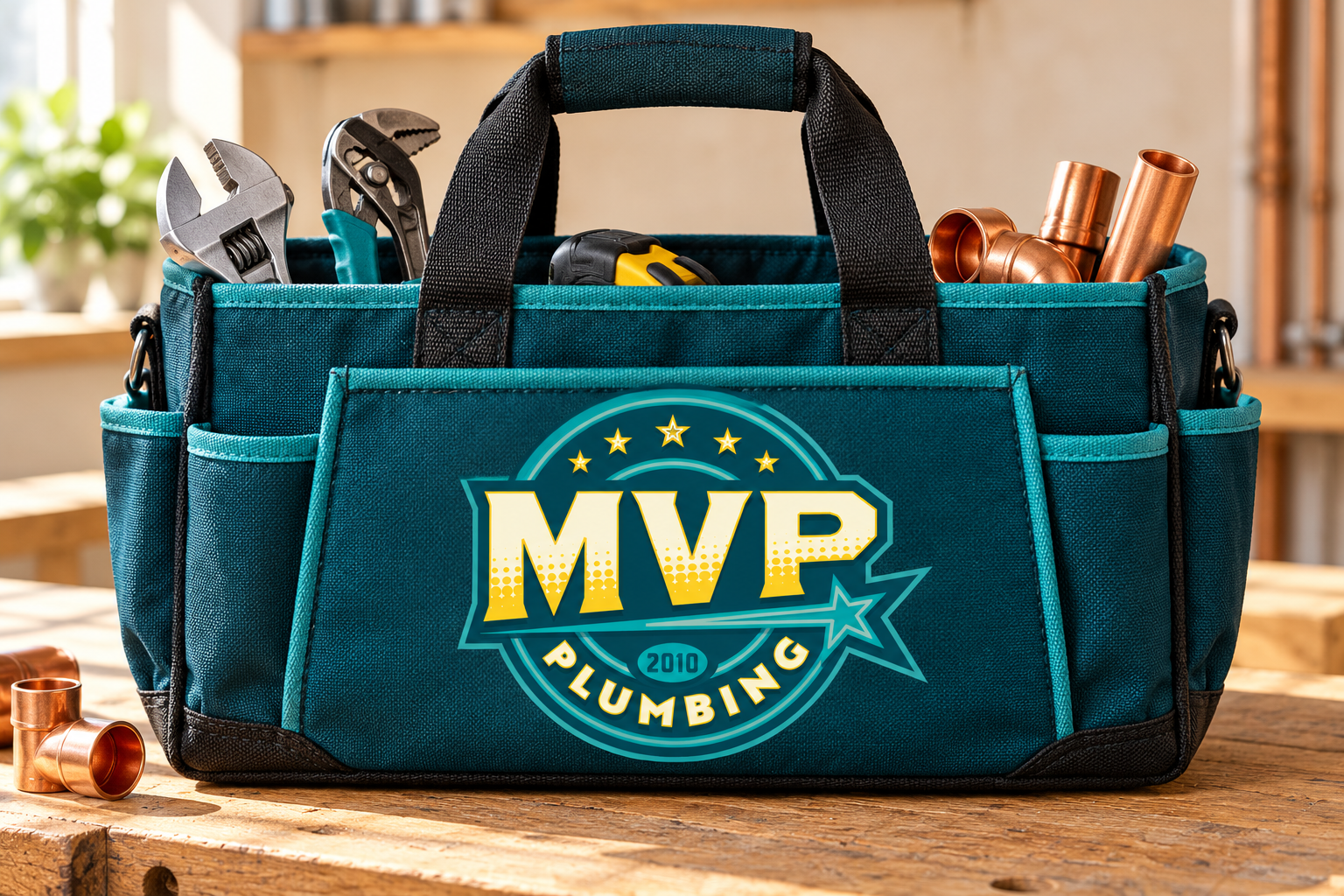AI-generated brand concept for MVP Plumbing: service tool bag.