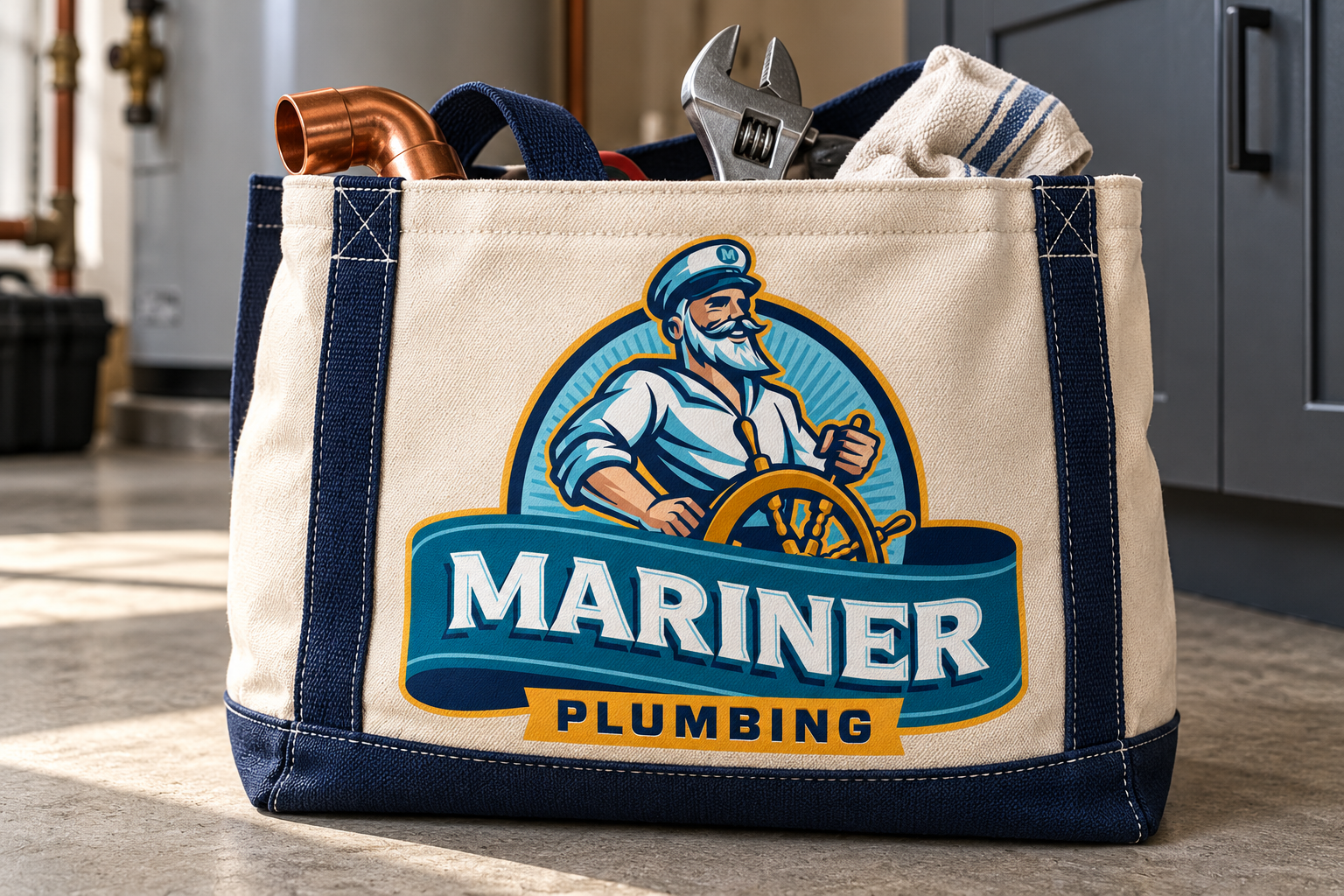 AI-generated brand concept for Mariner Plumbing: tool tote.