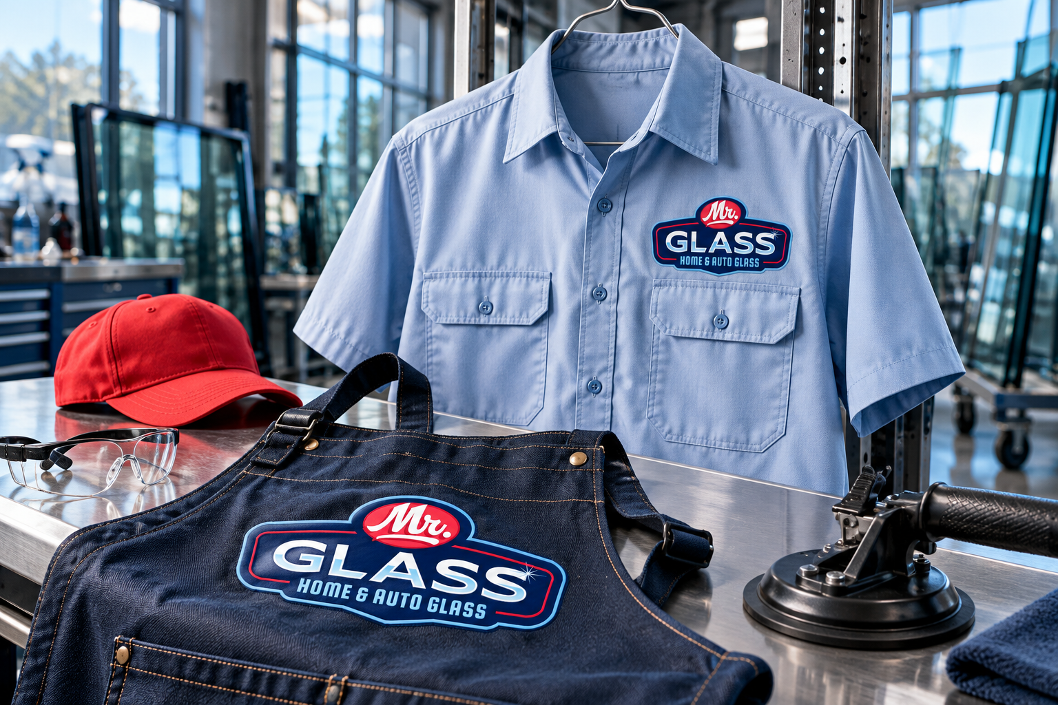 AI-generated brand concept for Mister Glass: workshop workwear.
