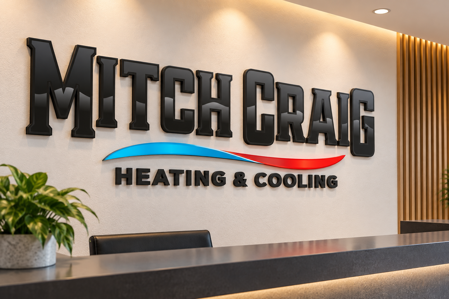 AI-generated brand concept for Mitch Craig Heating & Cooling: dimensional lobby lettering.