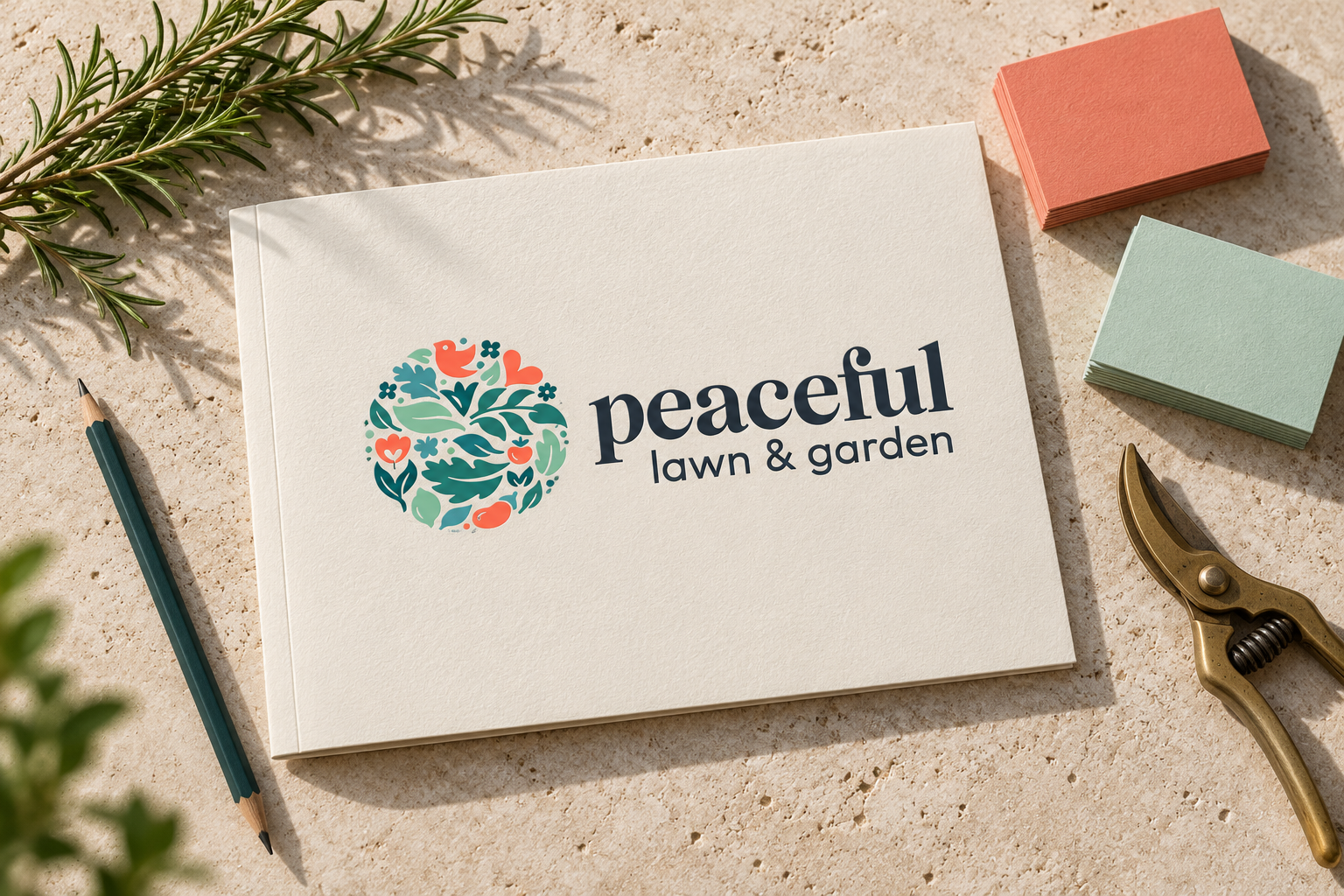 AI-generated brand concept for Peaceful Lawn & Garden: botanical stationery collection.