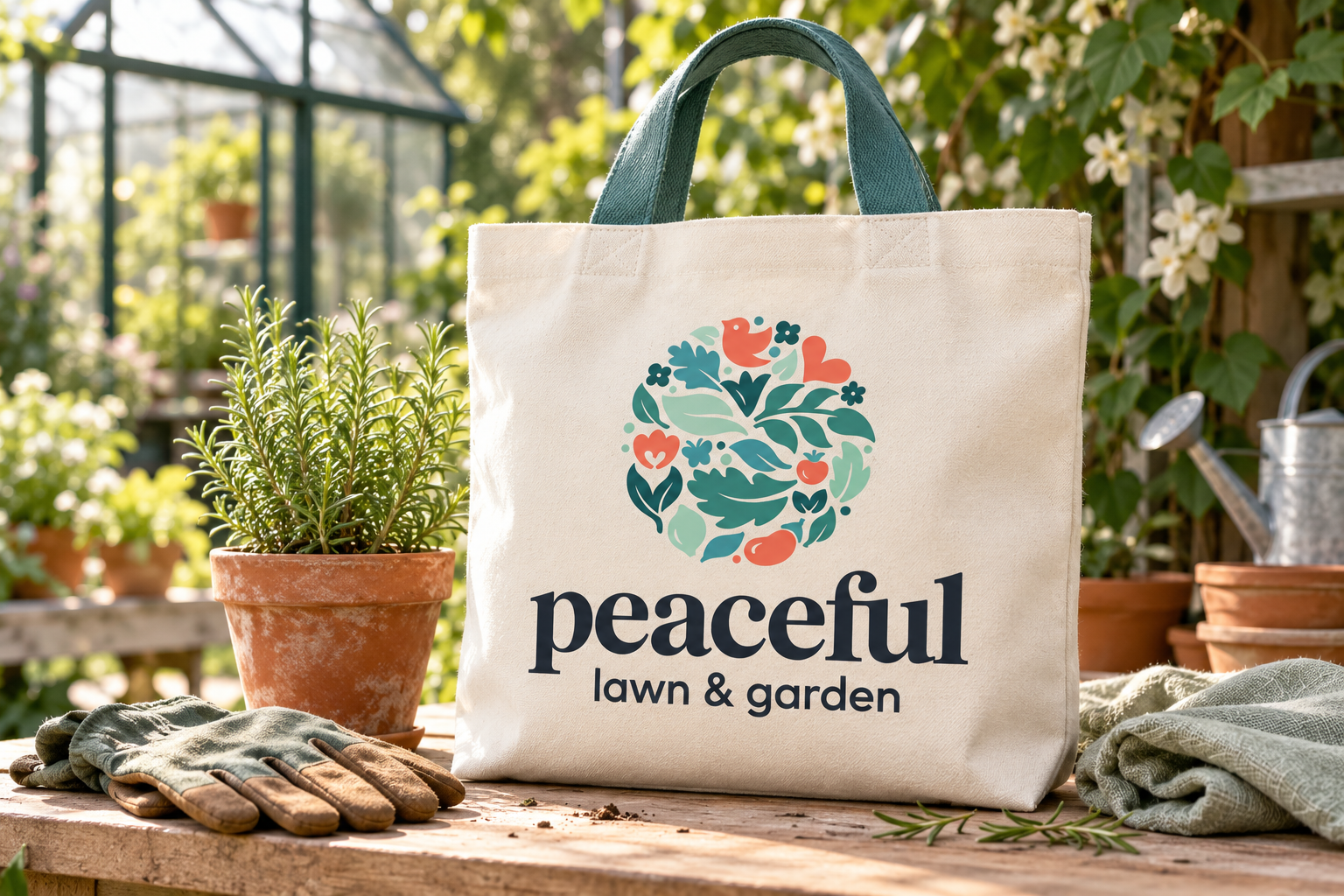 AI-generated brand concept for Peaceful Lawn & Garden: garden tote still life.