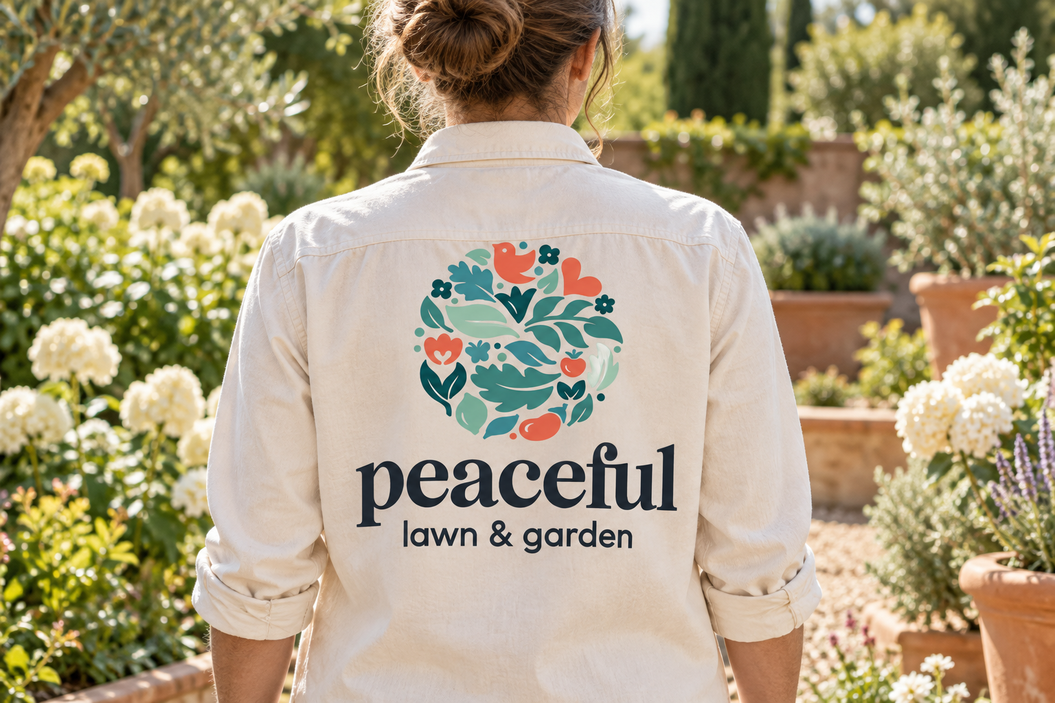 AI-generated brand concept for Peaceful Lawn & Garden: gardener uniform.