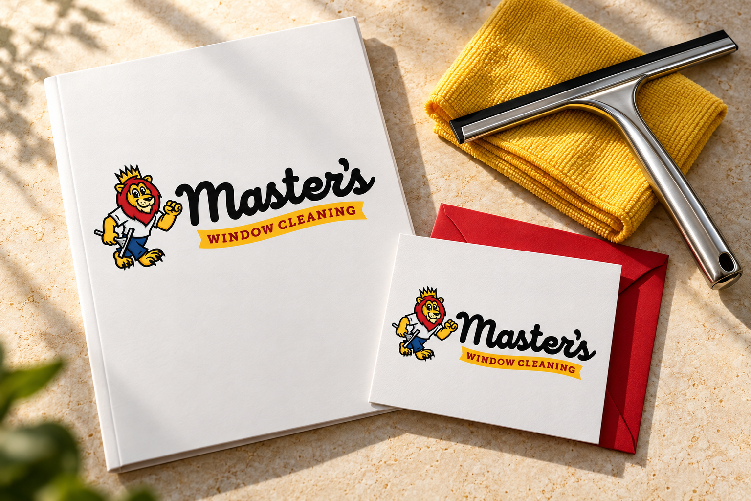 AI-generated brand concept for Master’s Window Cleaning: customer welcome kit.