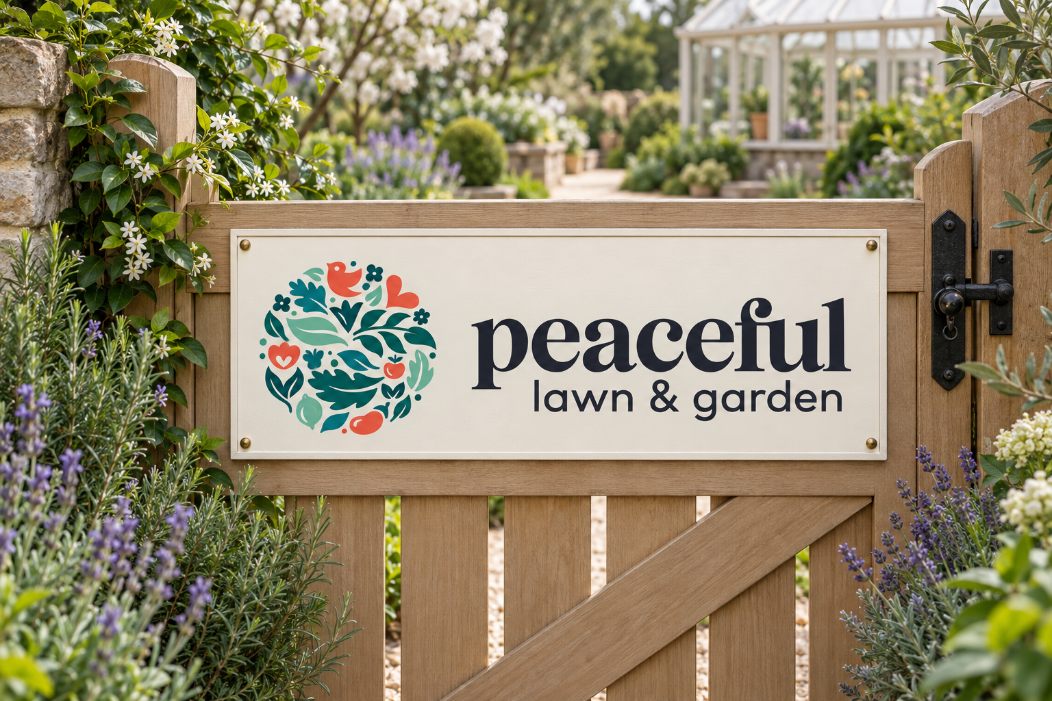 AI-generated brand concept for Peaceful Lawn & Garden: garden gate signage.