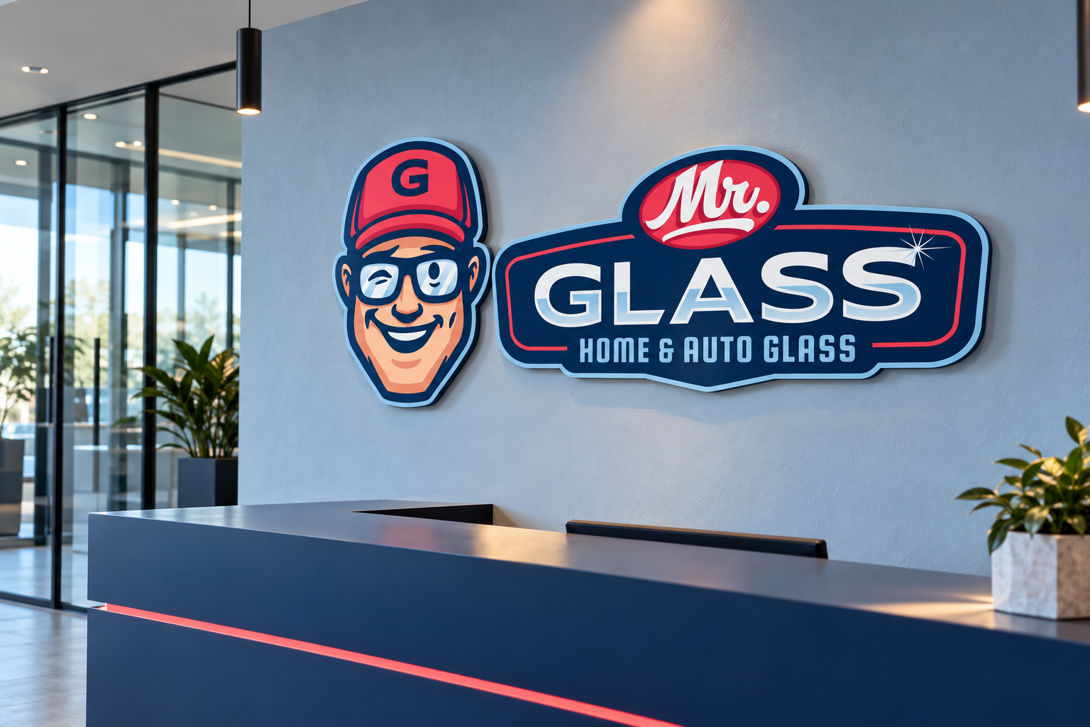 AI-generated brand concept for Mister Glass: dimensional showroom sign.