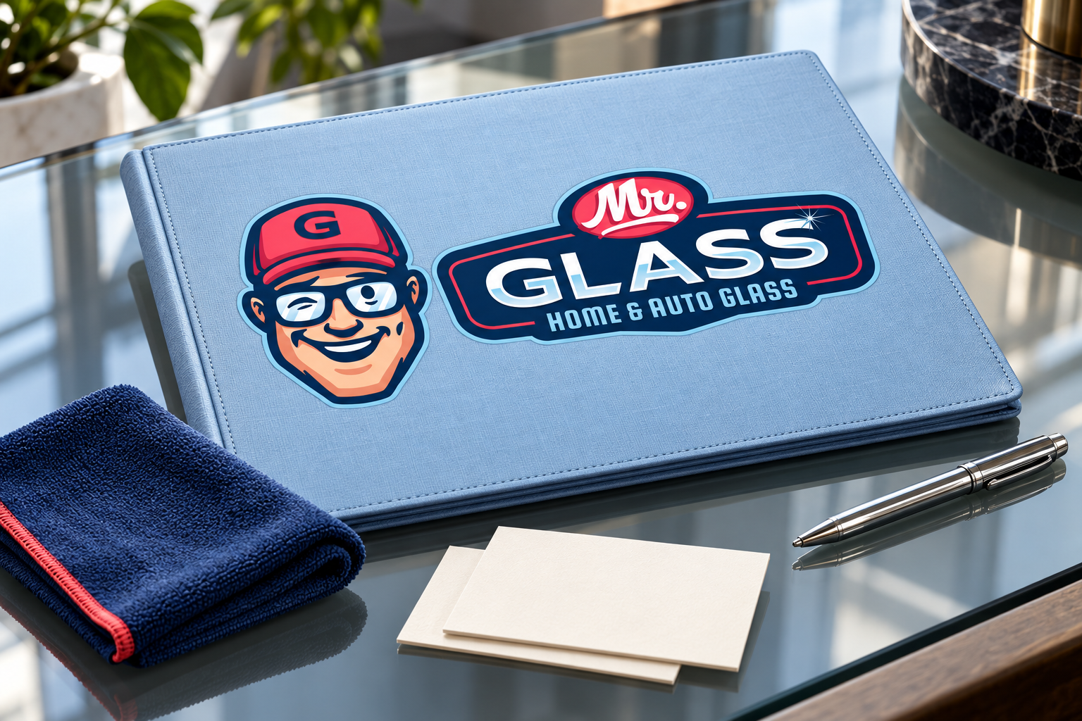 AI-generated brand concept for Mister Glass: client handover kit.