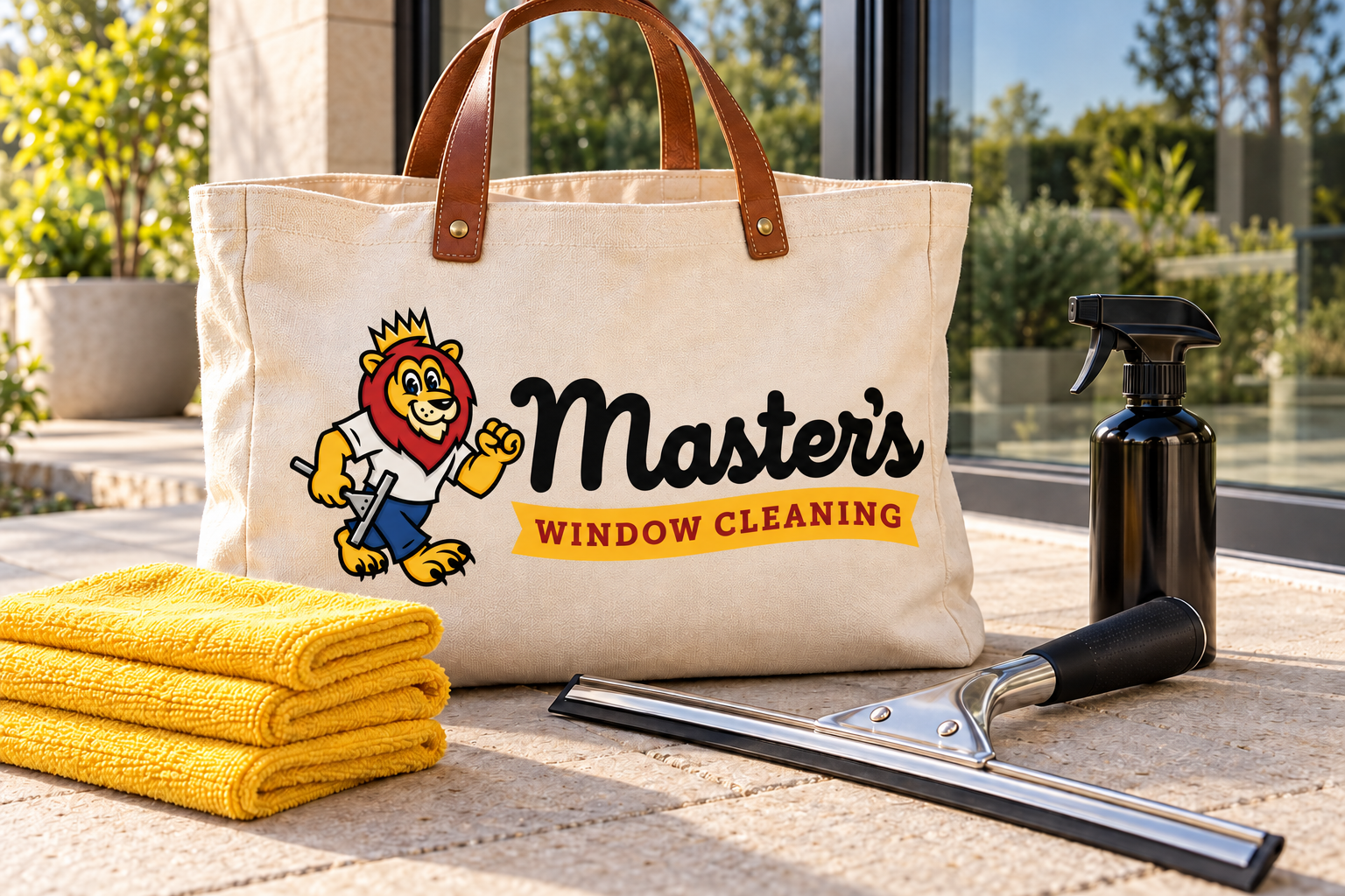 AI-generated brand concept for Master’s Window Cleaning: premium tool kit.